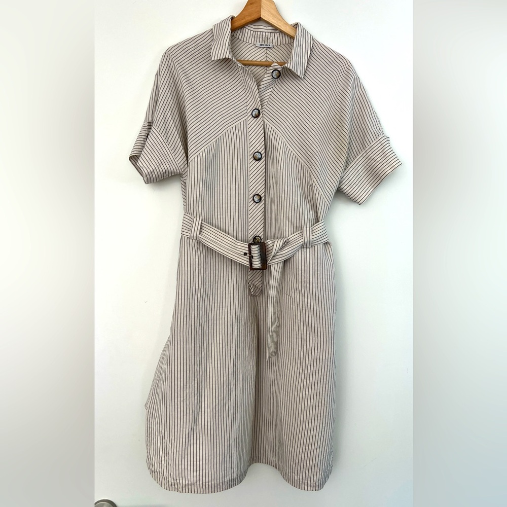Deni Cler Striped Linen Blend Short-Sleeve Shirt Dress